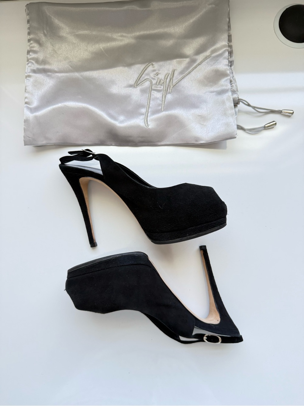 Giuseppe Zanotti Black Suede Peep-Toe Slingback Heels with Silver Buckles